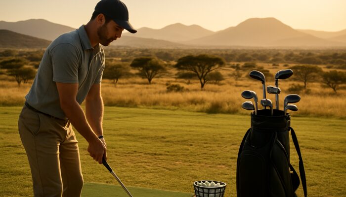 Focused golfer selects tailored clubs and balls at South African savanna driving range with mountains at sunset.
