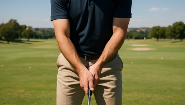 Close-up of relaxed golfer hands gripping club with balanced stance at Johannesburg range