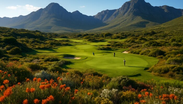 Golfers on scenic Western Cape course with rolling fairways, mountains and vibrant fynbos.