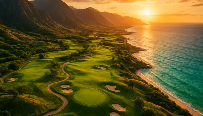 Aerial view of championship public golf course winding through mountains to sea at sunset