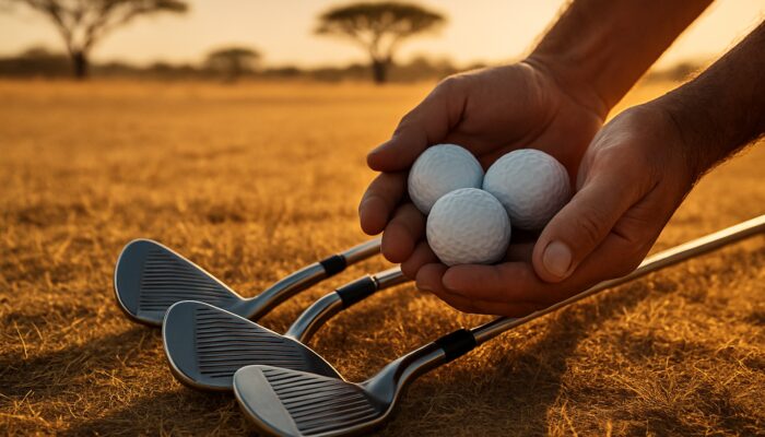 Golfer's hands holding low-compression balls beside irons on dry South African fairway