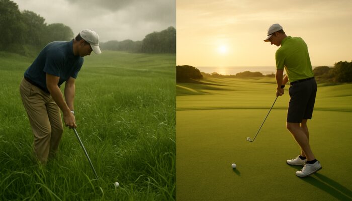 South African golfers on rain-soaked Kikuyu inland fairways versus firm sunny Bermuda coastal lies.