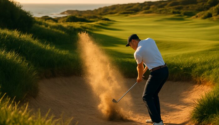 Golfer blasting lob wedge from deep bunker at Gary Player Country Club in South Africa