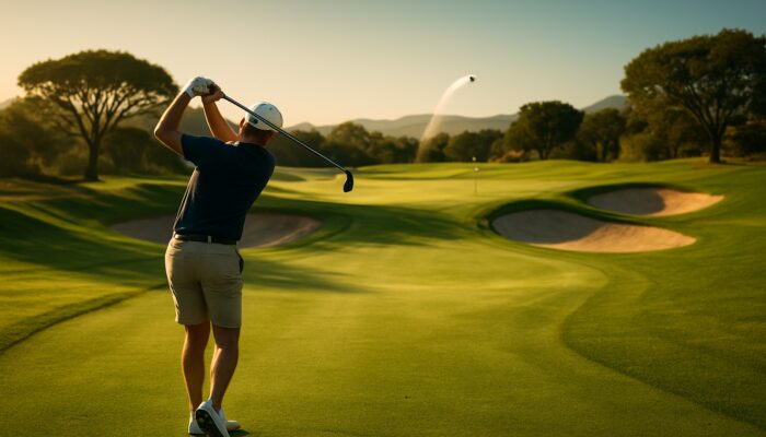 Golfer hits precise wedge shot toward bunkered green on sunlit South African course.