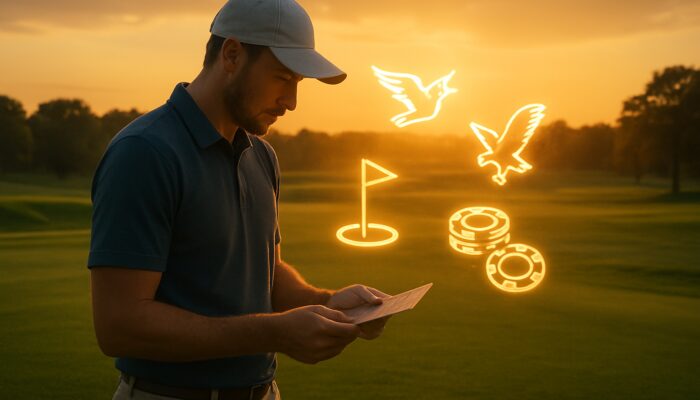 Golfer studying scorecard on fairway with glowing birdie, eagle, par and betting icons at sunset