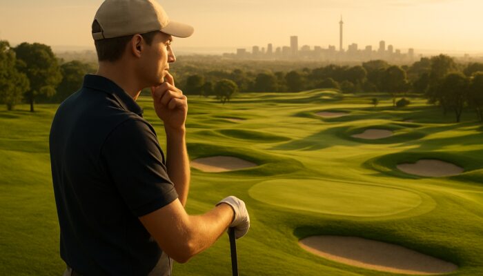 Focused golfer visualizing bunkers and greens on a sunlit Johannesburg golf course