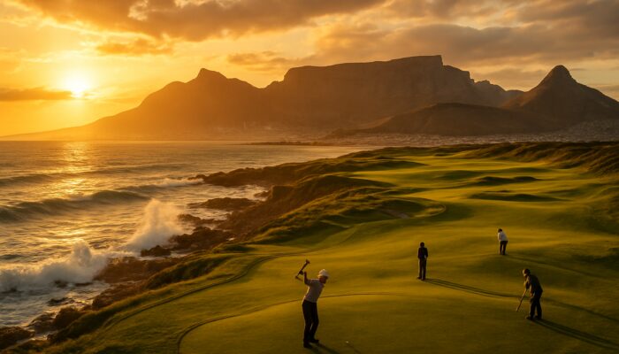 Golfers mid-swing at Royal Cape Golf Club with Table Mountain and Cape Town coastline at sunset
