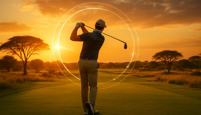Golfer mid-swing on Gauteng savanna course with backswing-downswing ratio sensor overlay at sunset