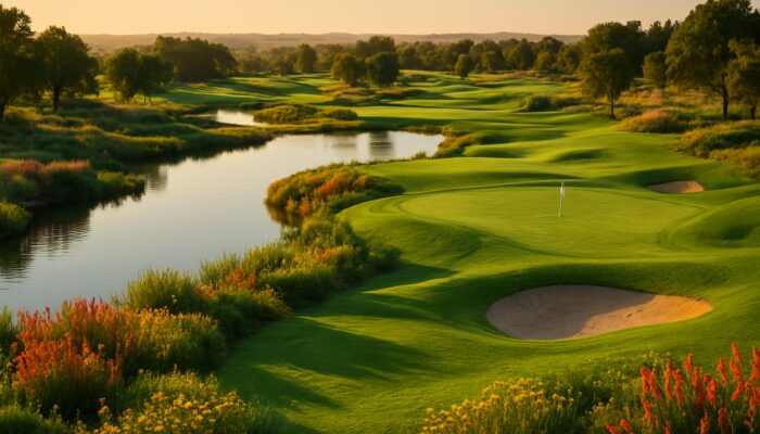 Lush 18-hole Gauteng golf course with manicured fairways, vibrant flora and sparkling water features