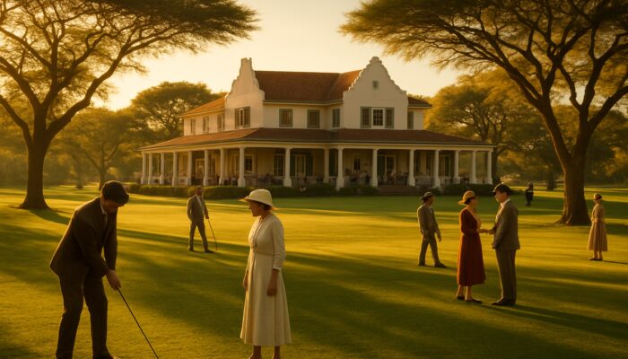 Early 1900s Zwartkop Country Club Centurion with colonial clubhouse, vintage golfers on lush lawns under acacia trees.