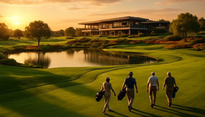 Elegant golfers on lush Zwartkop Country Club fairways in Centurion at golden sunset with modern clubhouse.