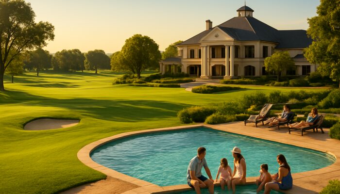 Zwartkop Country Club in Gauteng with lush golf greens, sparkling pools, and elegant clubhouse in sunlight