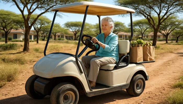 Elderly woman steering compact golf cart with shopping bags on dirt paths in sunny South African retirement village