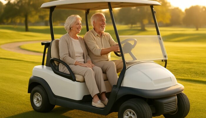 Elderly couple relaxing in cushioned golf cart on sunny, manicured course