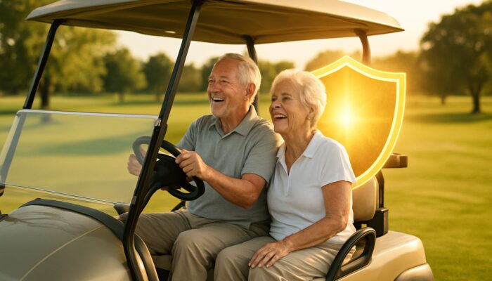 Elderly couple cruising in golf cart under glowing golden warranty shield on sunny course