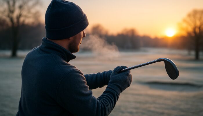 Golfer in insulated fleece gloves swings club on frosty dawn course with visible breath.