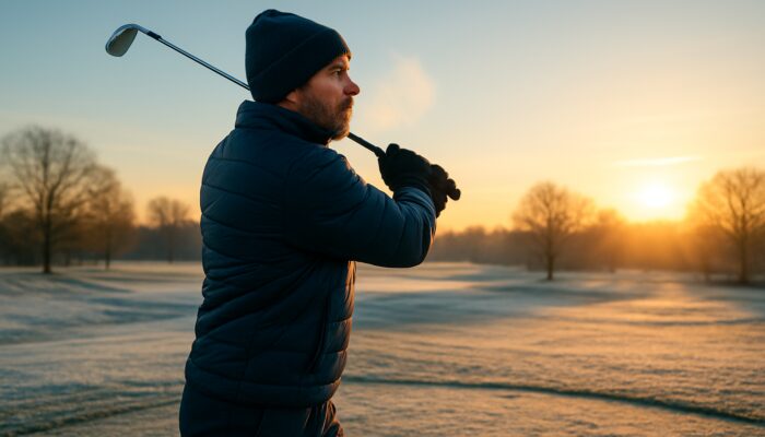 Golfer in winter gear swings confidently on frosty, snow-dusted course at sunrise