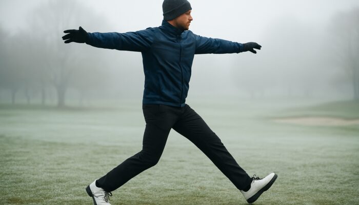 Golfer in winter gear doing arm circles and leg swings on frosty golf course