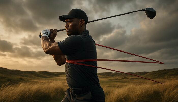 South African golfer mid-swing with resistance bands on windy fairway under dramatic skies.