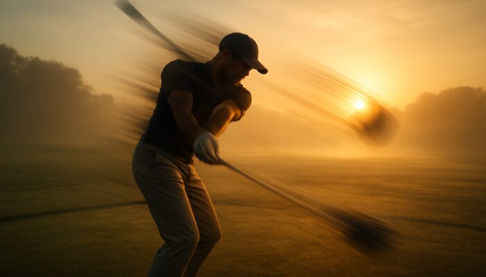 Athletic golfer explosively swinging club at misty dawn range, highlighting swing speed and power.