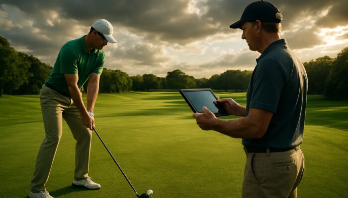 South African golfer refining grip and stance as coach reviews swing video on tablet amid lush greens