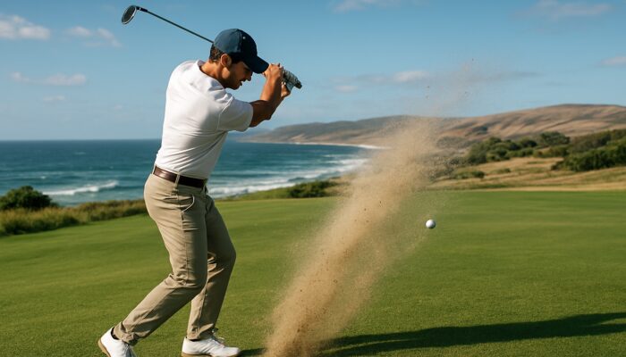 Novice golfer swings cavity-back irons on windy Durban coastal fairway with ocean breeze