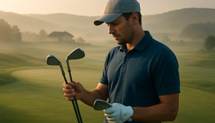 Golfer comparing golf irons on misty fairway with hills and clubhouse in morning light