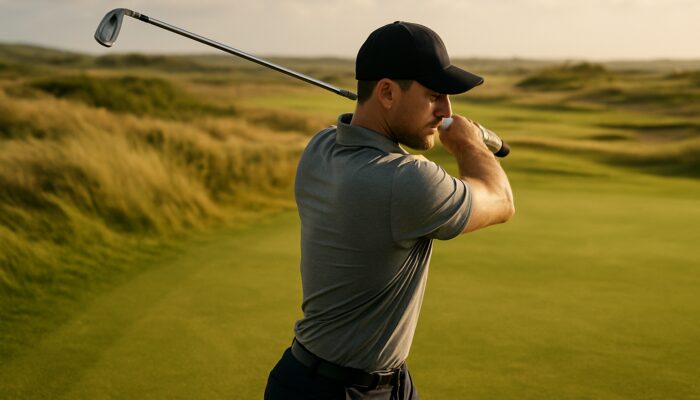 Focused golfer testing irons mid-swing on windy South African fairway in golden sunlight