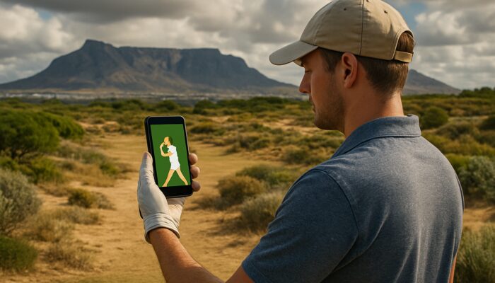 Novice golfer using swing analysis app on rugged South African savanna near Table Mountain
