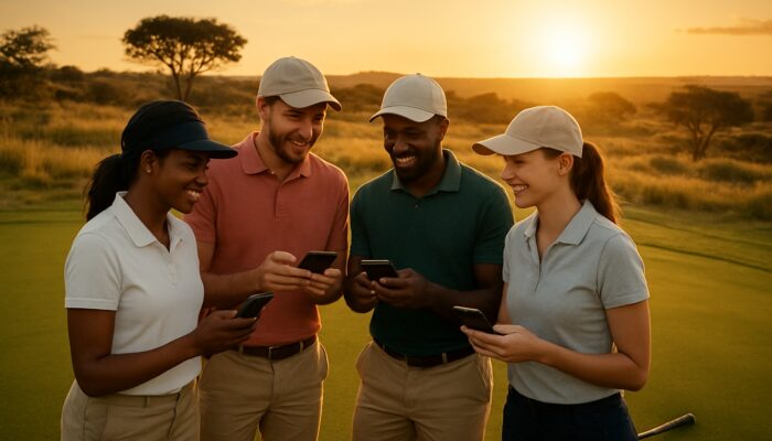 Diverse beginners networking on scenic South African golf course at sunset via smartphones