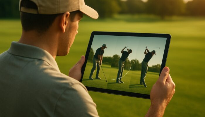 Novice golfer reviews slow-motion swing analysis on tablet with app overlays on golden fairway.