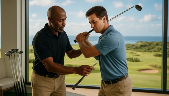 Golf club fitter analyzing beginner swing in bright Durban studio with coastal fairway views
