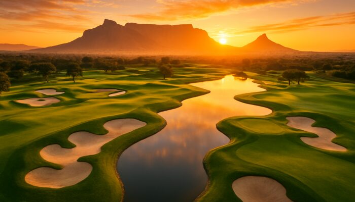 Aerial sunset view of Cape Town golf course with bunkers, water hazards and Table Mountain