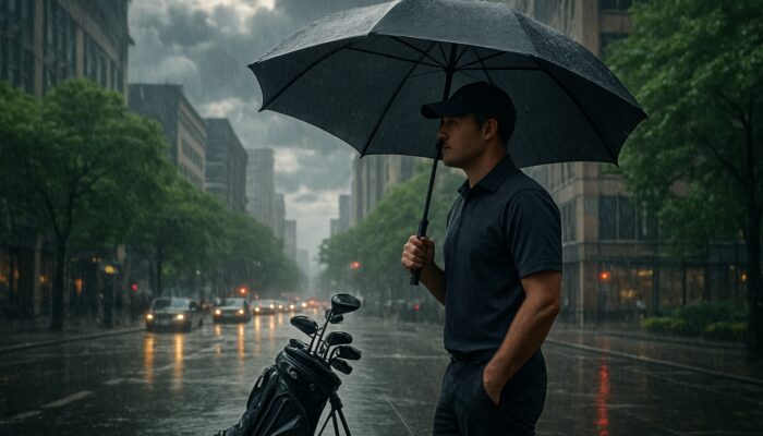 Golfer shielded by compact golf umbrella on rainy city street with golf bag nearby.