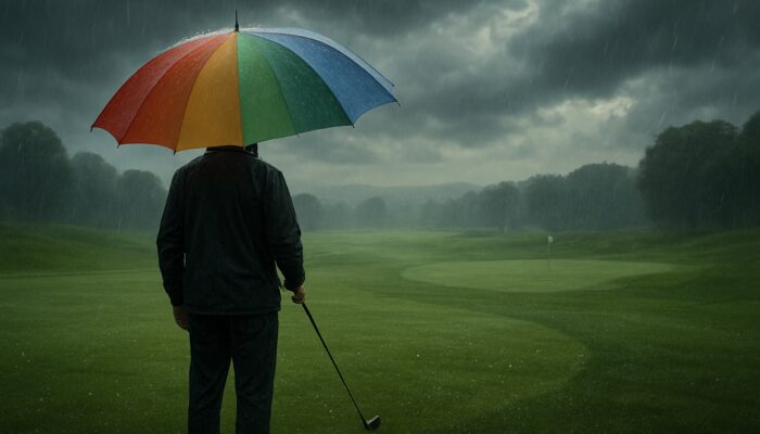 Golfer shielded by vibrant umbrella on misty rainy golf course with lush greens and clouds