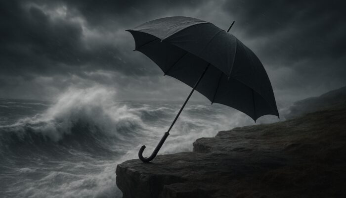 Reinforced windproof umbrella with flexible ribs on stormy cliffside amid wind-whipped waves.