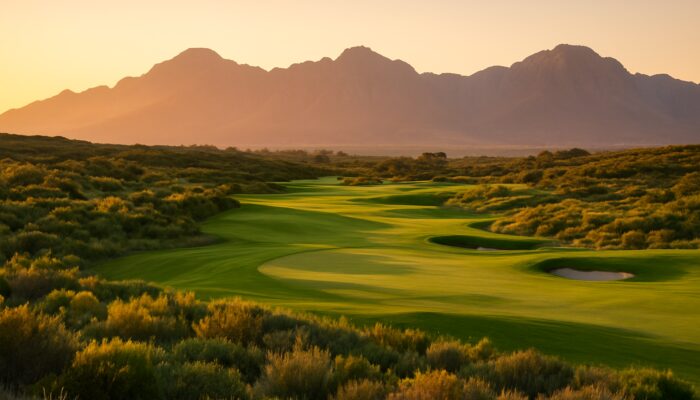 Lush de Zalze Golf Club fairways with fynbos flora, rolling hills, and Stellenbosch mountain backdrop in golden light.