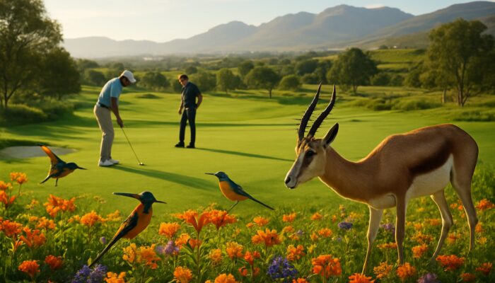 Golfers spotting Cape Sugarbirds and grazing Springbok on serene de Zalze golf course
