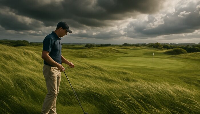 Golfer selecting club on windswept fairway at de Zalze Golf Club under dramatic summer skies