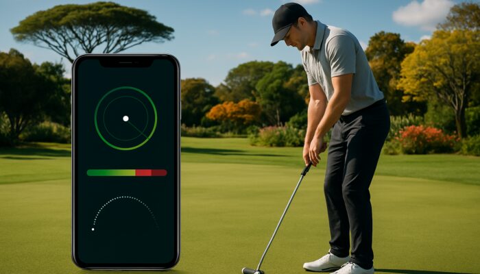Johannesburg golfer using putting app with real-time stroke feedback and accuracy metrics on green.