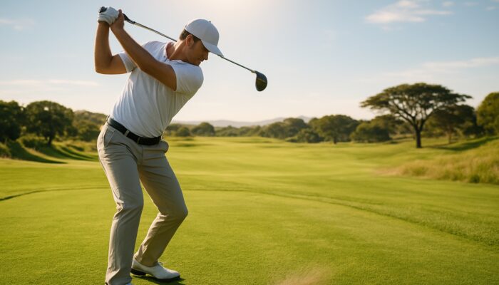 How to Improve Golf Swing Speed: Golfer with firm relaxed grip powerfully swinging on sunlit South African fairway for distance.