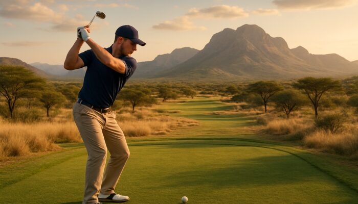 Focused golfer with short backswing on scenic South African savanna mountain course