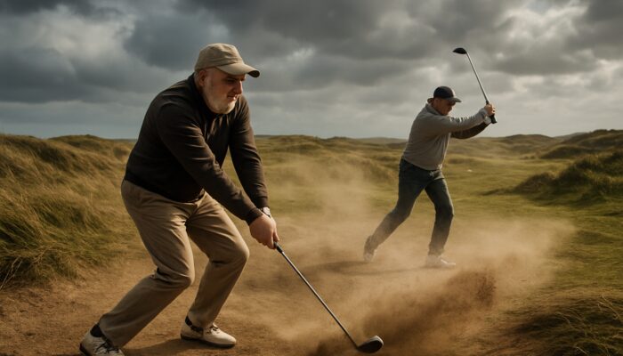 Seasoned golfers hitting low-trajectory shots on a windy, dusty South African course.