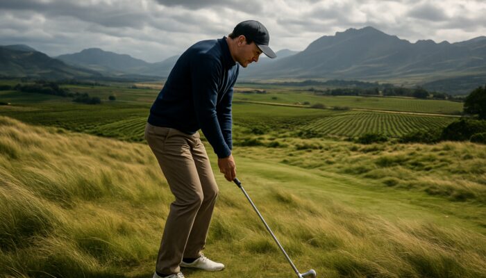Focused golfer on uneven lie amid winds, showing calm focus in scenic Cape Winelands