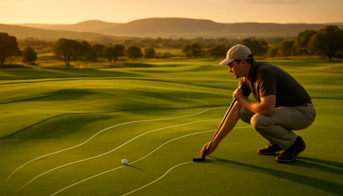 Golfer studying slopes on lush South African Highveld putting green with visualized ball path