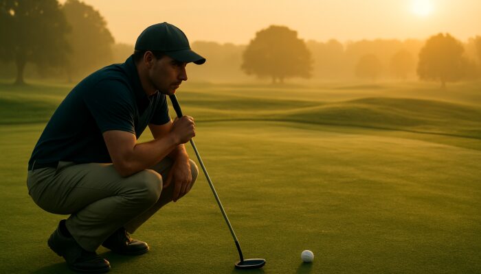 Golfer crouching to read putting green slopes and grain at dawn with ball and putter