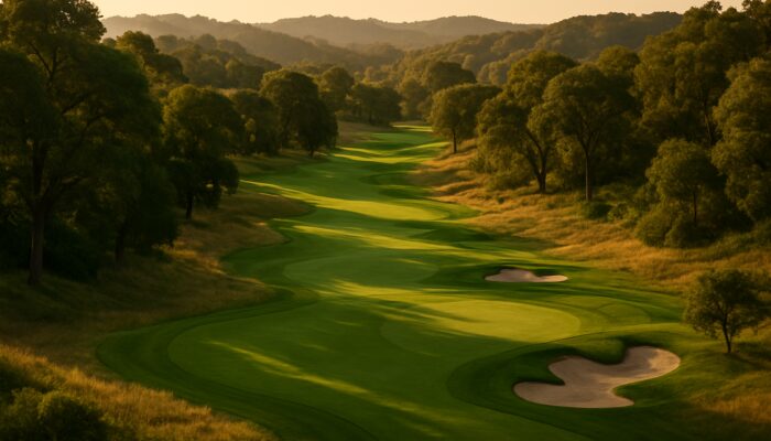Mid-century golf course winding through indigenous trees and rolling hills under golden light.