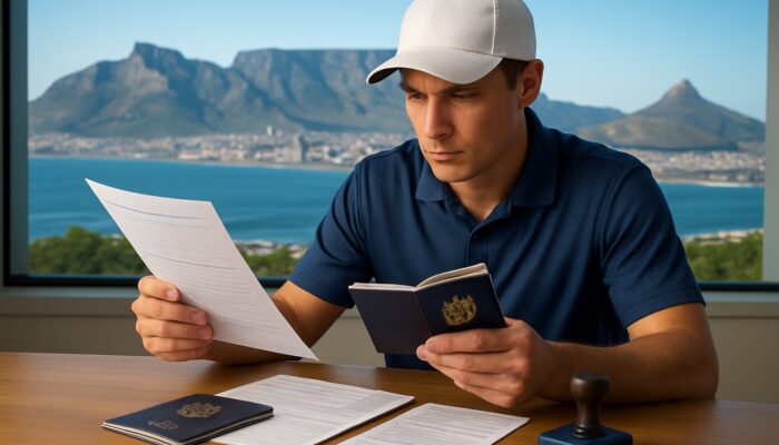 Golfer reviews visa documents and passport at desk overlooking Table Mountain for tournament travel