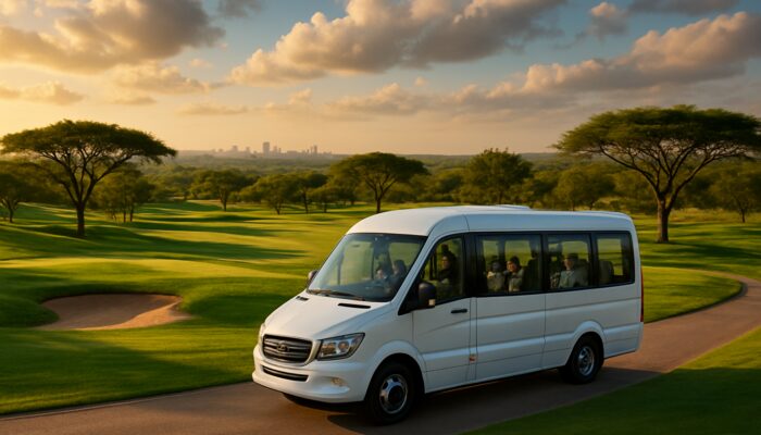 Luxury shuttle transferring golfers to lush course near Johannesburg with acacia trees and skyline.