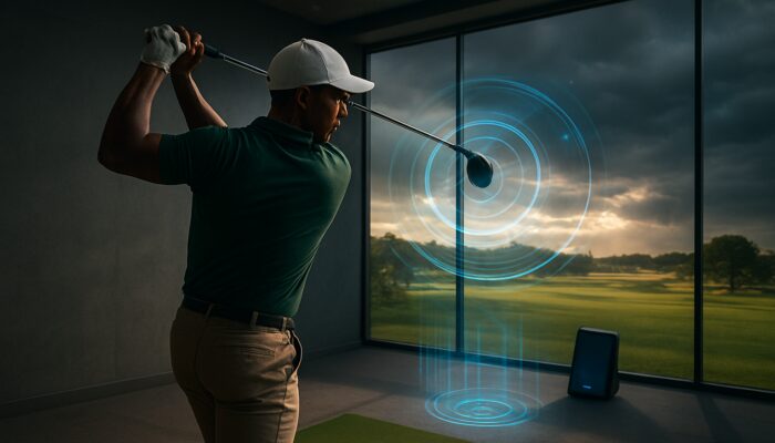 South African golfer mid-swing with holographic launch monitor data in sleek indoor fitting bay.